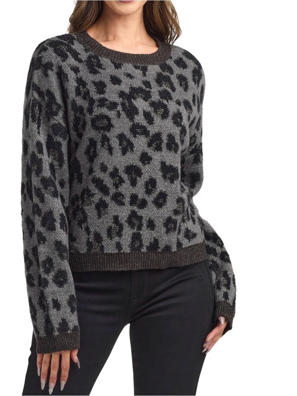 NWT BCX Gray and Black Leopard Crewneck Sweater from Macys Size Small